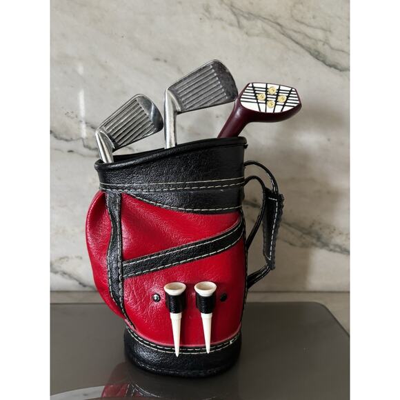 Vintage Enesco Golf Bag & Clubs‎ Bar Mixing Set Retro MCM Red & Black Cocktails - Picture 2 of 12